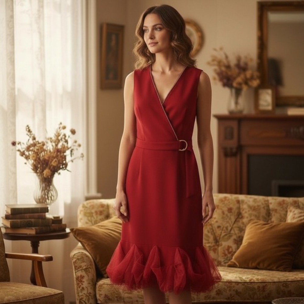 Cherry Red Bubble Hem‎ Midi Dress Valentines Romantic Retro Wedding Guest Event